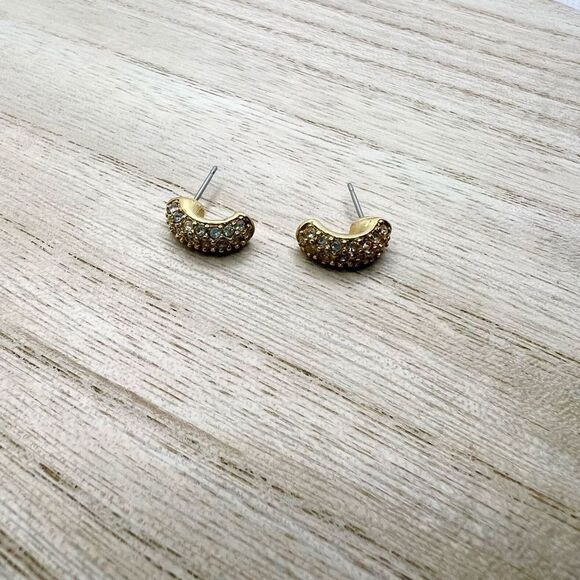 Vintage Monet Rhinestone Studded Gold Hoop Earrings - Picture 5 of 9